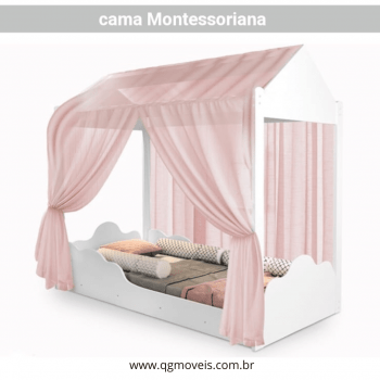 CAMA INFANTIL MONTESSORIANA COM VOAL ROSA